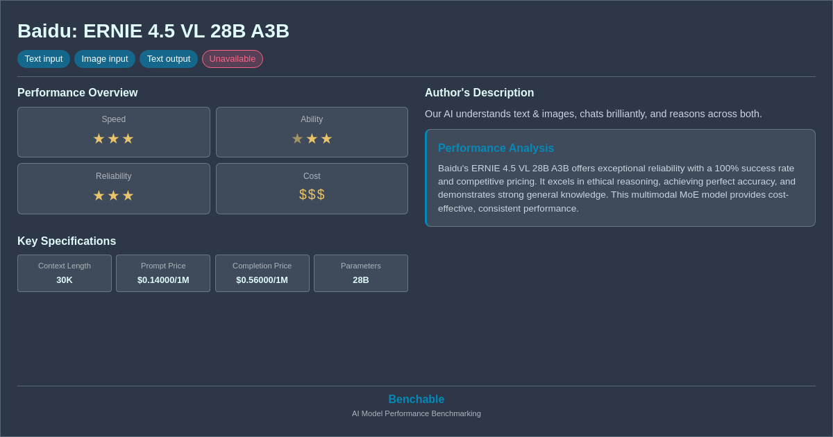 Baidu: ERNIE 4.5 VL 28B A3B - AI Model Details & Benchmarks