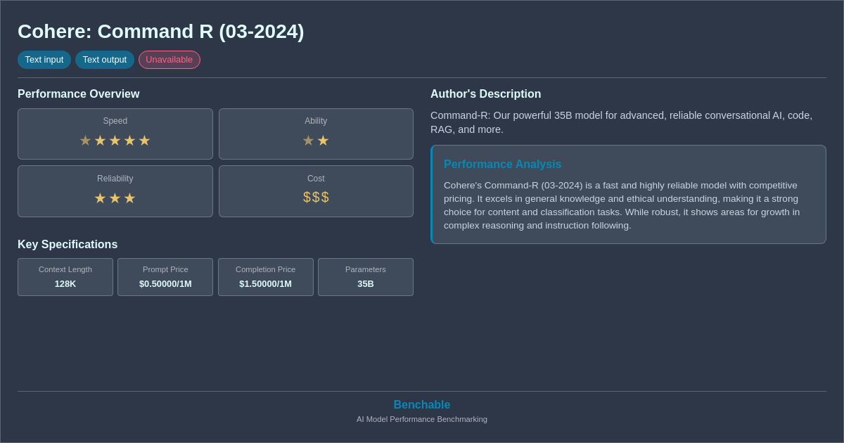 Cohere: Command R (03-2024) - AI Model Details & Benchmarks