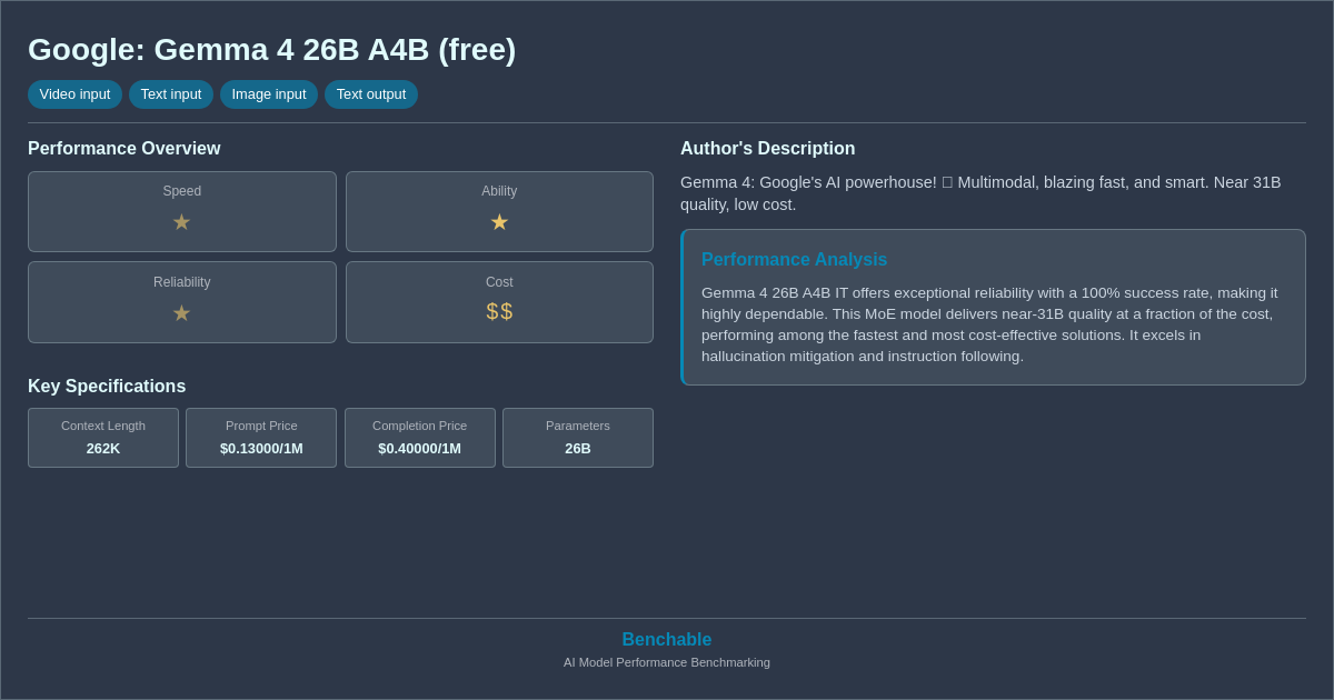 Google: Gemma 4 26B A4B (free) - AI Model Details & Benc...