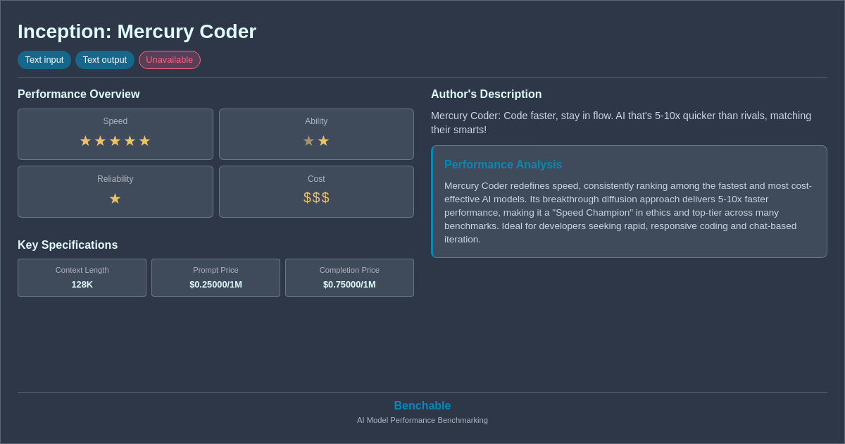 Inception: Mercury Coder - AI Model Details & Benchmarks