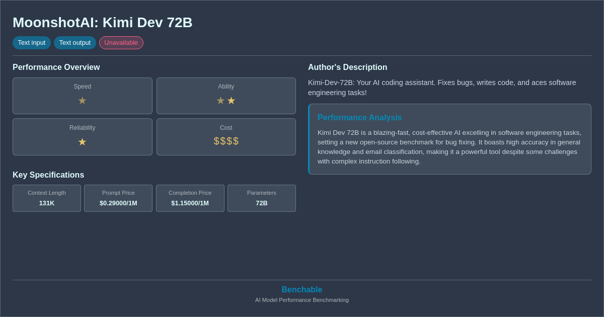MoonshotAI: Kimi Dev 72B - AI Model Details & Benchmarks