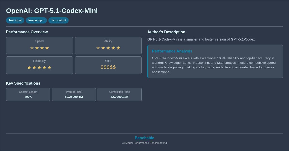 OpenAI: GPT-5.1-Codex-Mini - AI Model Details & Benchmarks