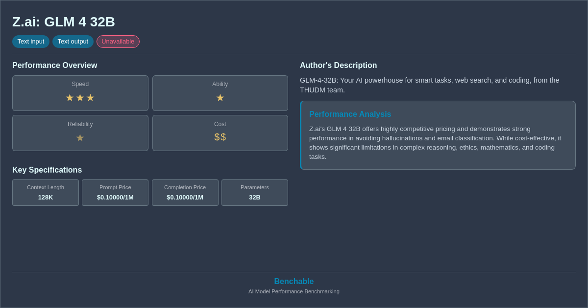Z.ai: GLM 4 32B - AI Model Details & Benchmarks